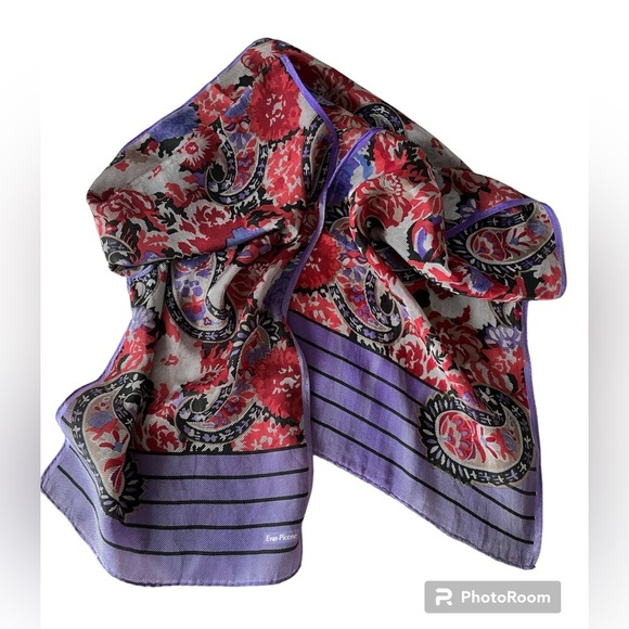 Evan Picone Silk printed Vintage Scarf. Lilac Red jewel tones. Boho hair scarf - Picture 1 of 10